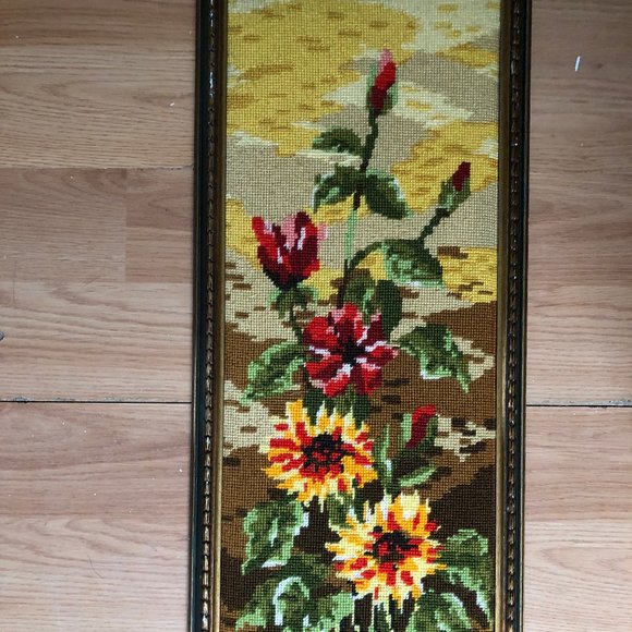 Beautiful needlework framed red yellow flowers home wall decoration - Picture 1 of 6